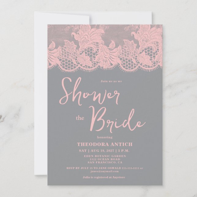 Pink Lace Grey Bridal Shower Invitation Inbjudningar (Framsida)