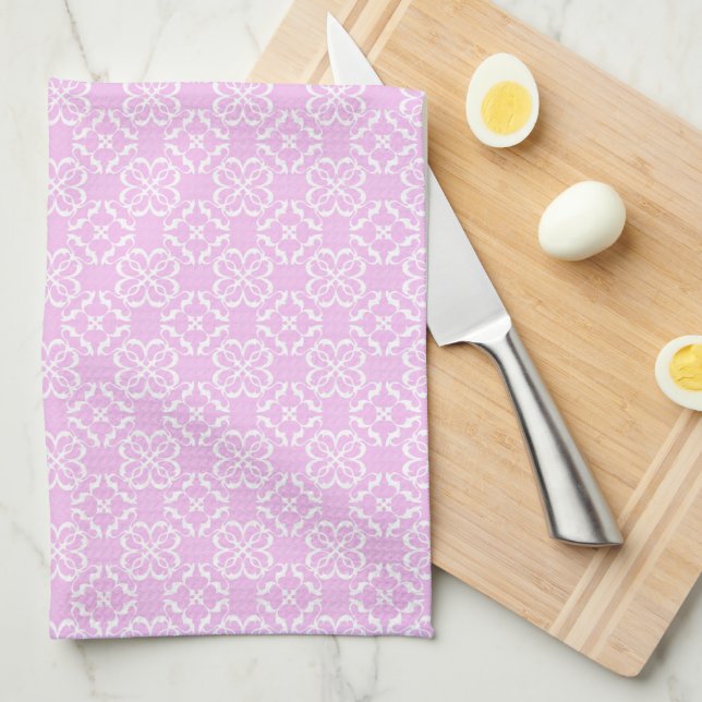Pink Lace & White Floral Lattice Pattern Kökshandduk (Vikt i Fjärdedel)