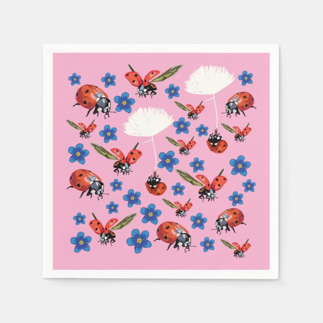 Pink Ladybugs Cute Spring Napkins Pappersservett (Framsidan)