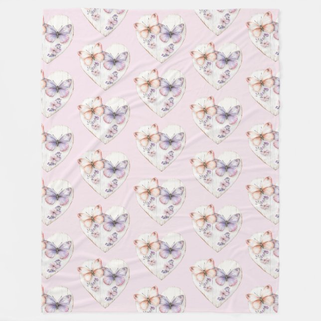 Pink Lavender Floral Heart Butterflies Birthday Fleecefilt (Framsidan)