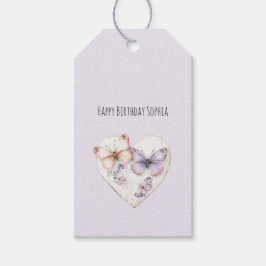 Pink Lavender Floral Heart Butterflies Birthday Presentetikett
