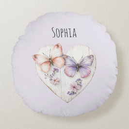 Pink Lavender Floral Heart Butterflies Birthday Rund Kudde