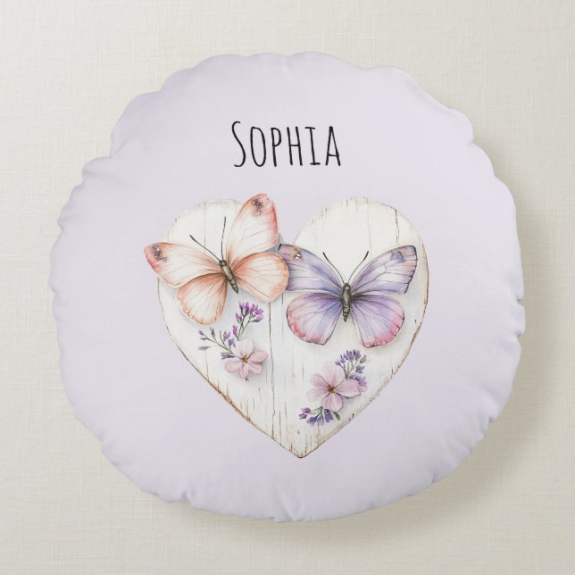 Pink Lavender Floral Heart Butterflies Birthday Rund Kudde (Framsidan)