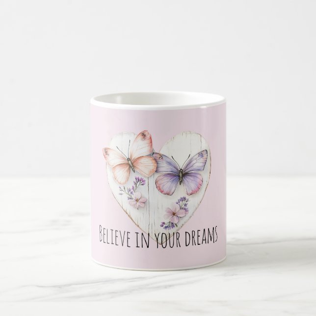 Pink Lavender Floral Heart Butterflies Kaffemugg (Center)