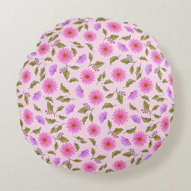 Pink Lavender Floral Lacy Daisy Round Pillow II Rund Kudde (Framsidan)