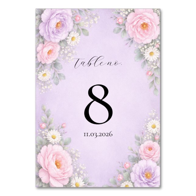 Pink Lavender Floral Table Number Cards  Bordsnummer (Framsidan)
