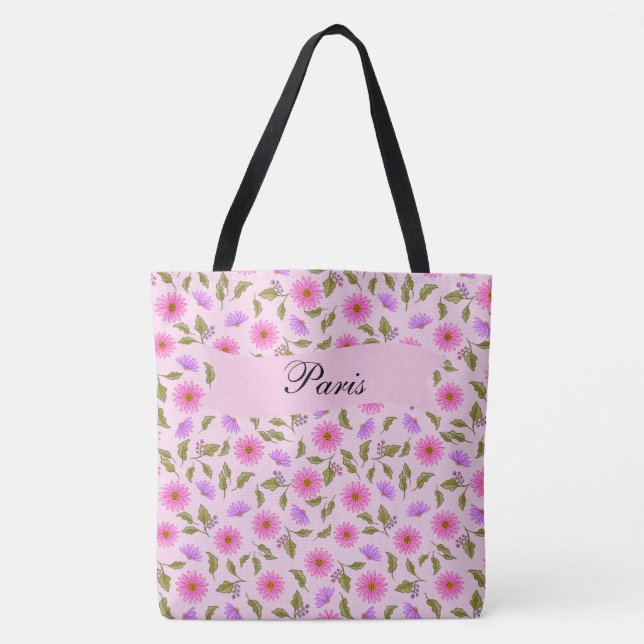 Pink Lavender Lacy Daisy Tote Bag Tygkasse (Framsida)