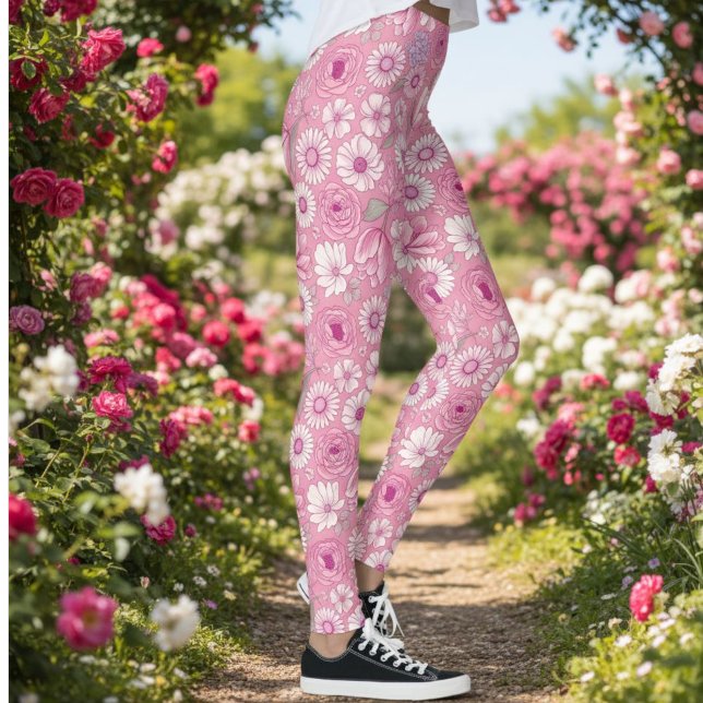 Pink leggings with white rose and daisy pattern (Skapare uppladdad)
