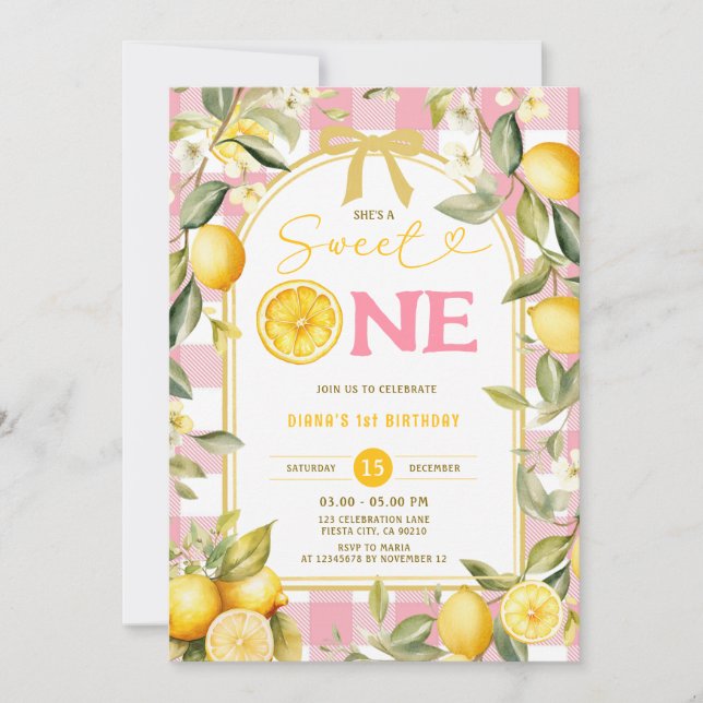 Pink Lemon Gingham Sweet One 1st Birthday Inbjudningar (Framsida)