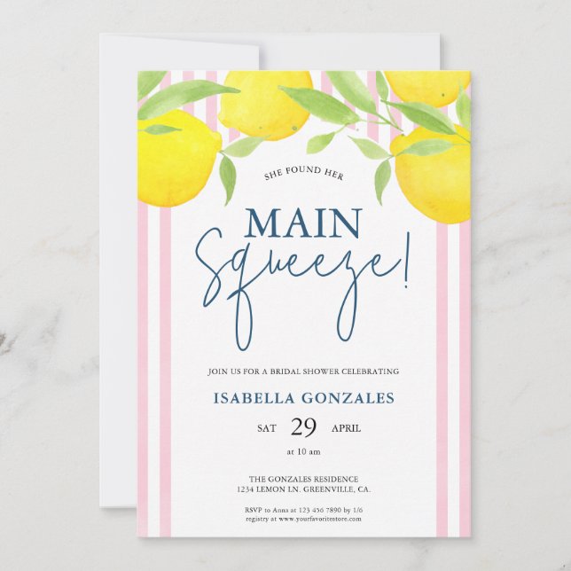 Pink Lemon Main Squeeze Bridal Shower Inbjudningar (Framsida)