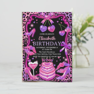 Pink Leopard Cherry Birthday Invitation Inbjudningar