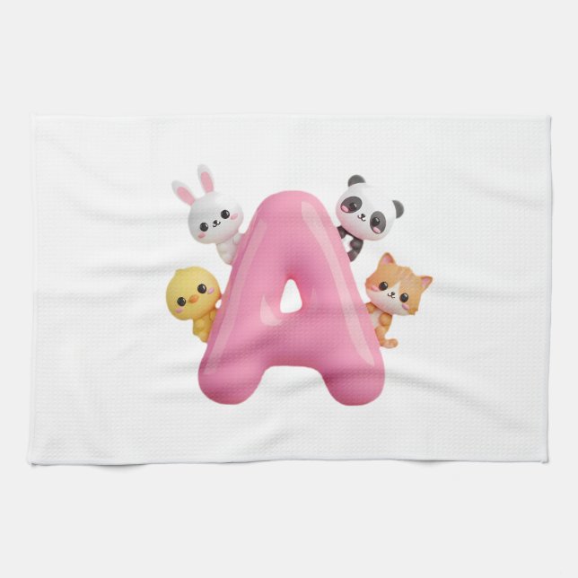 Pink Letter A Forest Animals Kitchen Towel Kökshandduk (Horisontell)