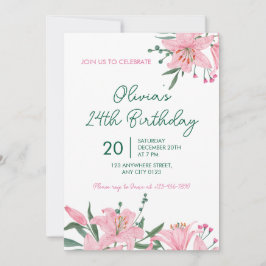 Pink Lily Garden Birthday Party Invitation Inbjudningar