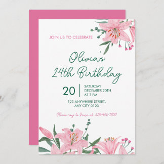 Pink Lily Garden Birthday Party Invitation Inbjudningar