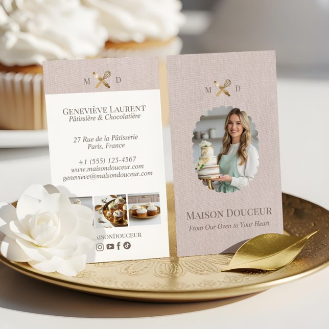 Pink Linen Elegant Chic Bakery Gold Whisk Photo  Visitkort (Pink Linen Elegant Chic Bakery Gold Whisk Photo Business Card)