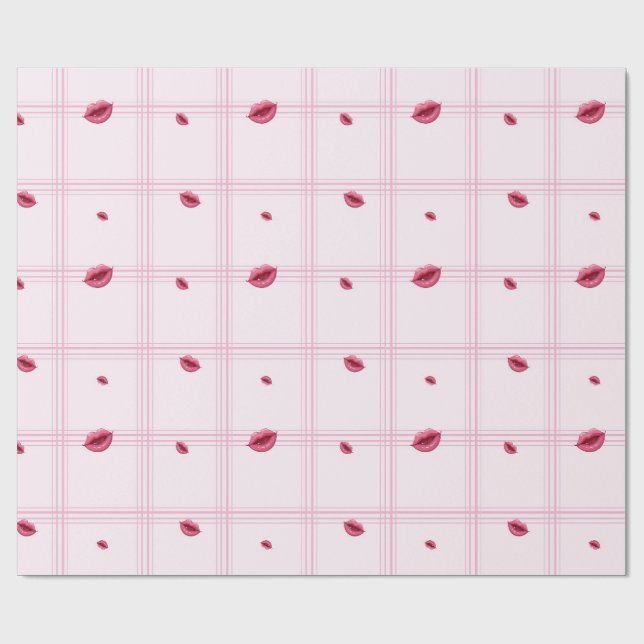 Pink Lip Prints on Plaid. Valentine's Day Presentpapper (Platt)