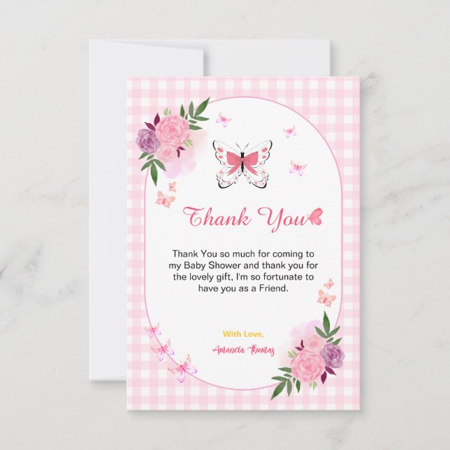 Pink Little Butterfly Baby Shower Thank You Cards  Tack Kort (Framsida)