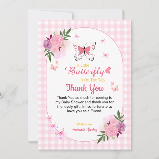 Pink Little Butterfly Baby Shower Thank You Cards  Tack Kort (Framsida)