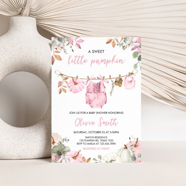 Pink Little Pumpkin Fall Autumn Baby Shower  Inbjudningar (Pink Little Pumpkin Fall Clothesline Baby Shower Invitation)