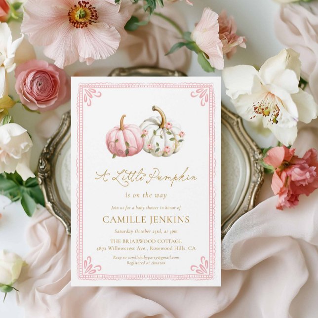 Pink Little Pumpkin Girl Baby Shower Inbjudningar (Elegant Pink Pumpkin Fall Girl Baby Shower Invitation)
