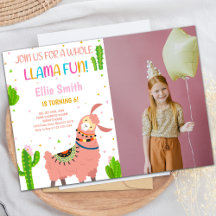 Pink Llama Birthday Invitations with photo