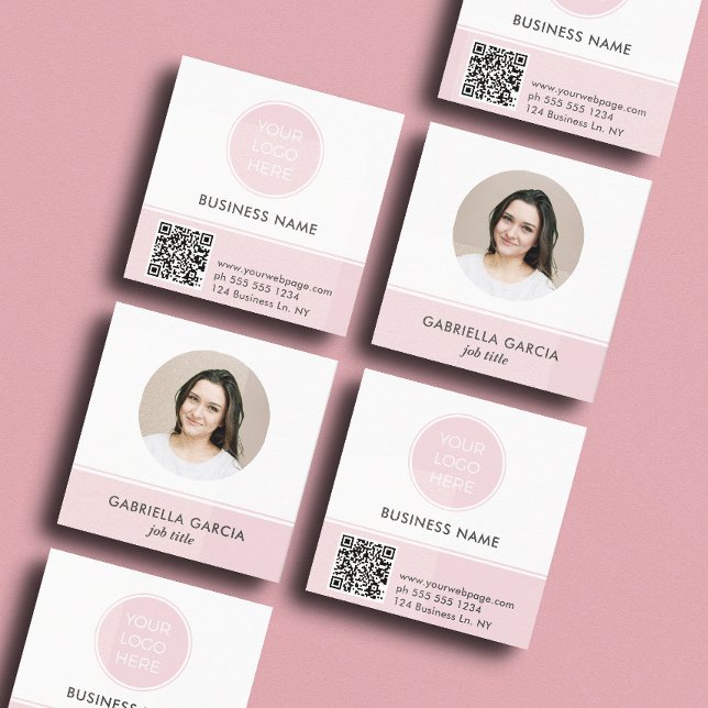 Pink Logo QR Code Photo Square Business Card Fyrkantigt Visitkort ( Front and back of a square 2.5 inch. pink business card. Choose a corner and paper style.)