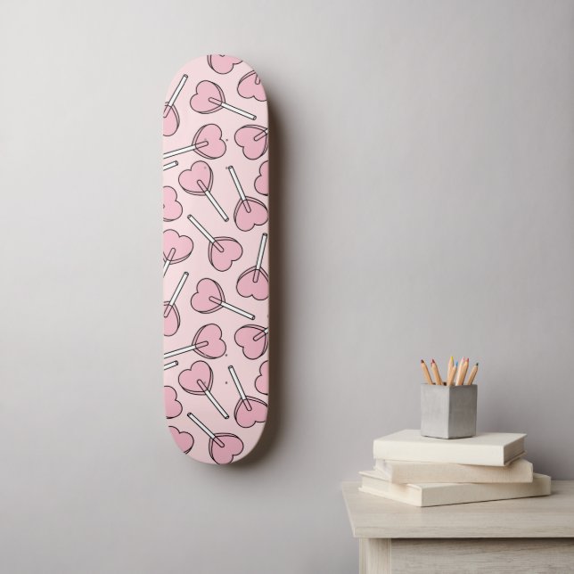 Pink Lollipops, Heart Lollipops, Lollipop Pattern Mini Skateboard Bräda 18,5 Cm (Väggkonst)