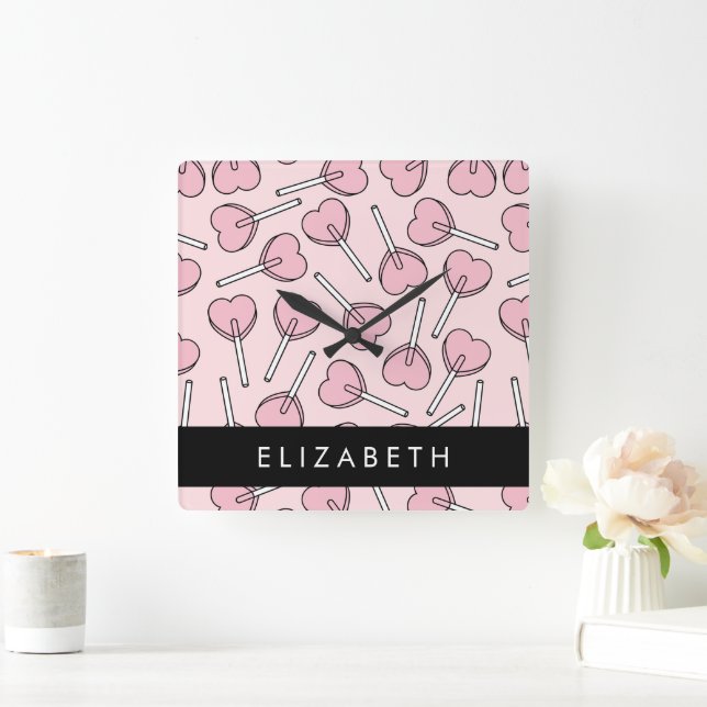Pink Lollipops, Heart Lollipops, Lolly, Your Name Fyrkantig Klocka (Hem)