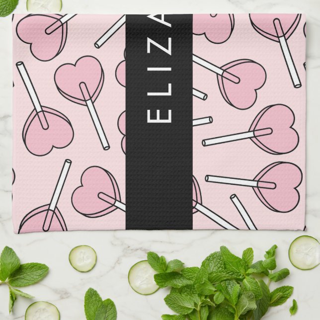 Pink Lollipops, Heart Lollipops, Lolly, Your Name Kökshandduk (Vikta)