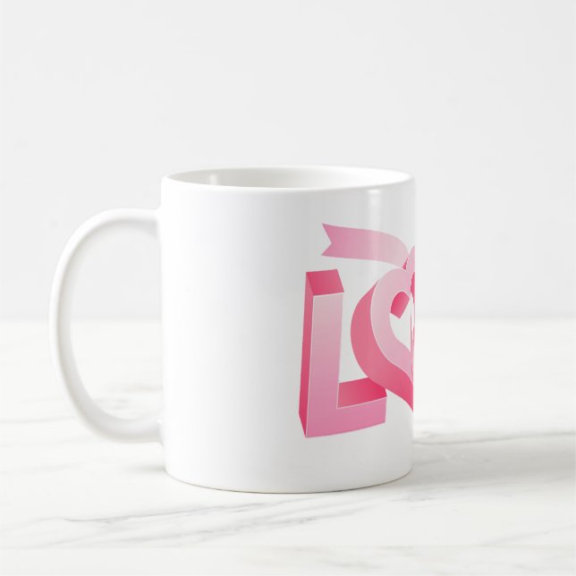 Pink Love Heart Ribbon Kaffemugg (Vänster)