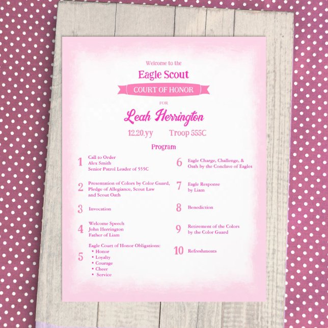 Pink & Magenta Eagle Court of Honor Program (Pink eagle scout court of honor ceremony program flyer, decorative pink banner ribbon design)