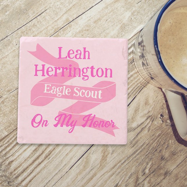 Pink & Magenta Eagle Scout Court of Honor Stenunderlägg (Pink eagle scout court of honor coaster gift, personalized pink coaster with name and banner ribbon)