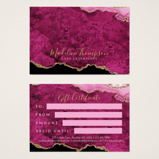Pink Magenta Gold Agate Business Gift Certificate Visitkort (Framsida & baksida)