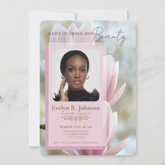 Pink Magnolia‑style photo funeral program (Framsida)