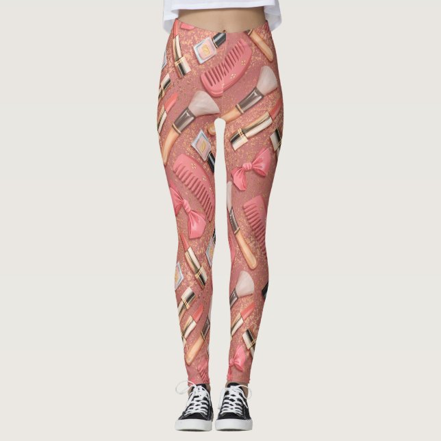 Pink Makeup Cosmetics Pattern Glitter  Leggings (Framsida)