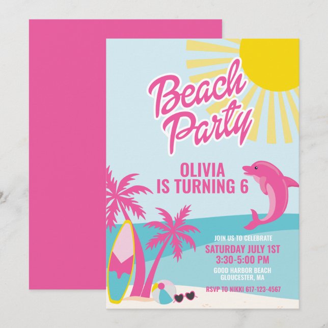 Pink Malibu beach birthday Inbjudningar (Fram/baksida)