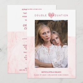 Pink Marble Effect Romantic Photo Twins Graduation Inbjudningar