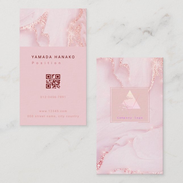 Pink marble QR business card Visitkort (Fram/baksida)