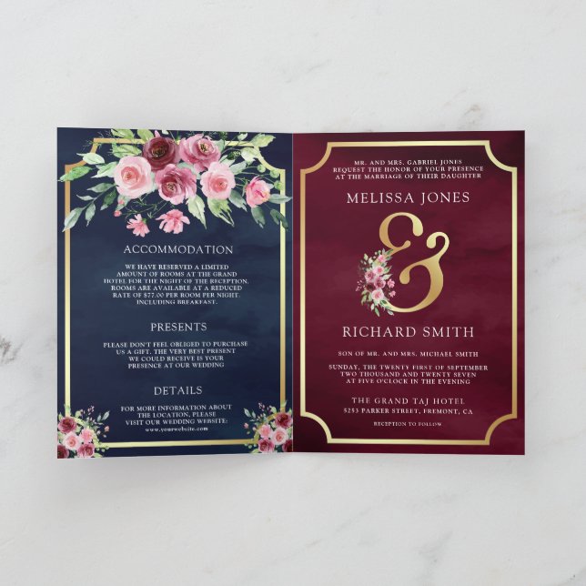Pink Marsala Floral Ampersand Navy QR Code Wedding Inbjudan (Inuti)