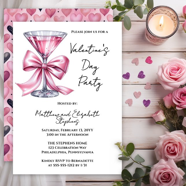 Pink Martini Coquette Bow Alla hjärtans dag-fest Inbjudningar (Valentine’s Day Party Invitation | Pink Martini Bow Couple’s Valentine Invite -- Print | Digital)