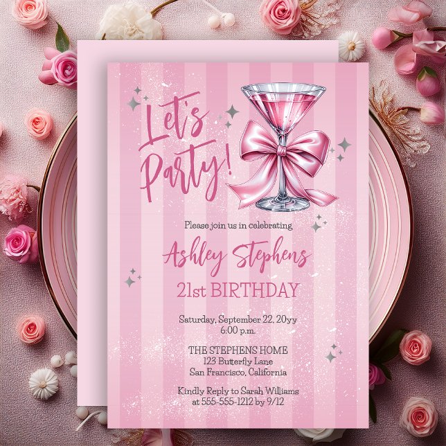 Pink Martini Let's Party 21st Birthday Party Inbjudningar (Pink Martini "Let's Party" Adult Birthday Party Invitation)