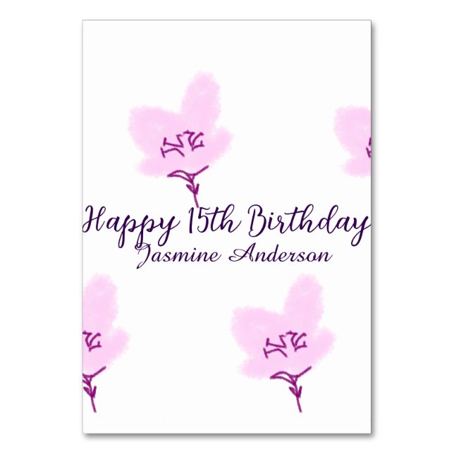 Pink mauve floral 15th birthday quinceanera name d bordsnummer (Framsidan)