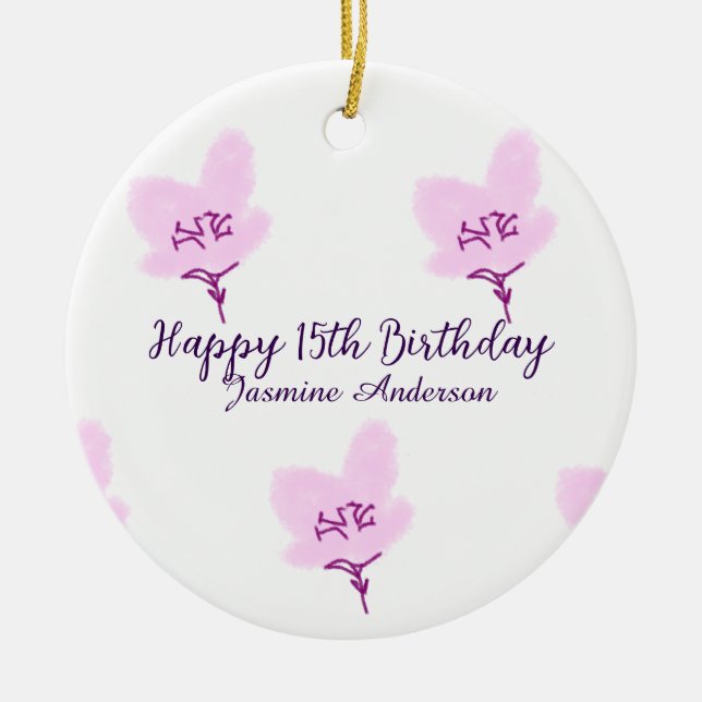Pink mauve floral 15th birthday quinceanera name d julgransprydnad keramik (Framsidan)