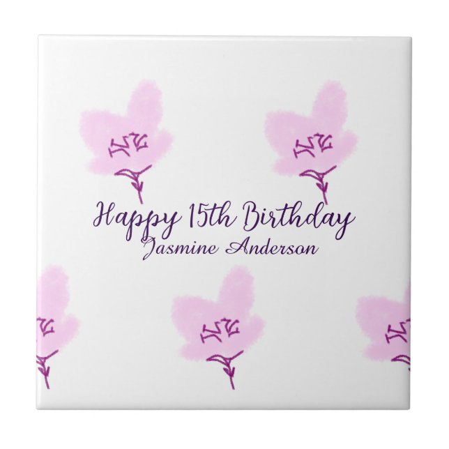 Pink mauve floral 15th birthday quinceanera name d kakelplatta (Framsidan)