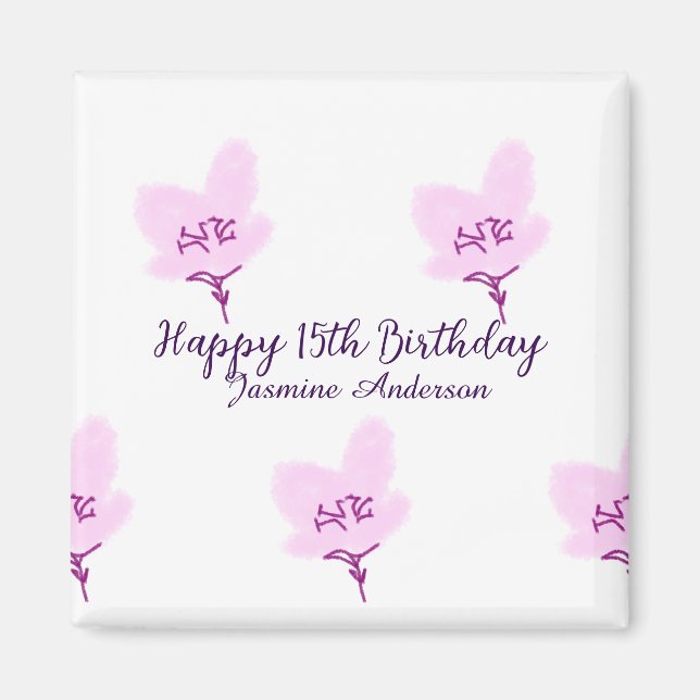 Pink mauve floral 15th birthday quinceanera name d magnet (Framsidan)