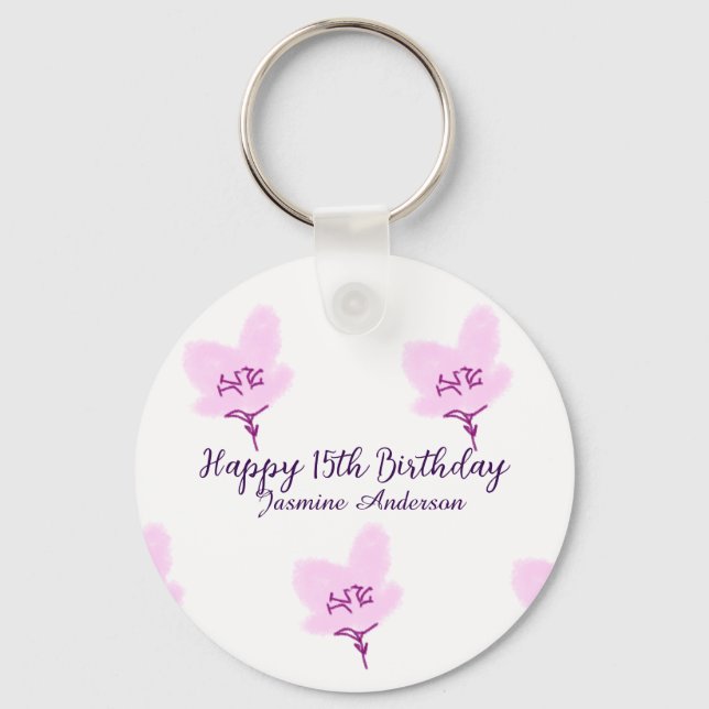 Pink mauve floral 15th birthday quinceanera name d nyckelring (Framsida)