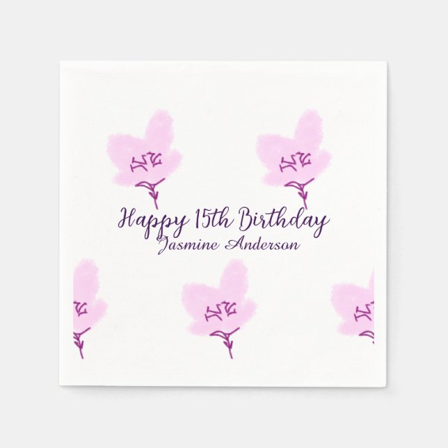 Pink mauve floral 15th birthday quinceanera name d pappersservett (Framsidan)