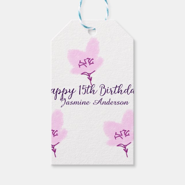 Pink mauve floral 15th birthday quinceanera name d presentetikett (Framsidan)