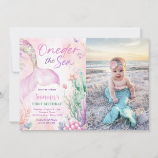 Pink Mermaid 1st Birthday Oneder the Sea Photo Inbjudningar