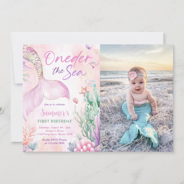 Pink Mermaid 1st Birthday Oneder the Sea Photo Inbjudningar (Framsida)